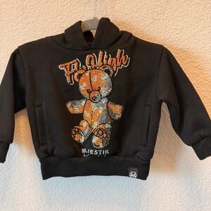 Majestik Rhinestone Bear Pullover Hoodie Black 2T Streetwear Sweatshirt